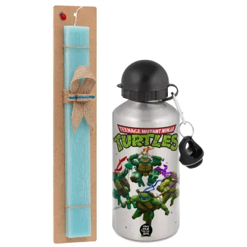 Ninja turtles, Easter Set, metallic silver aluminum water bottle (500ml) & scented flat Easter candle (30cm) (TURQUOISE)