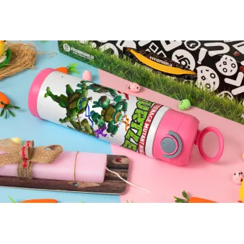 Ninja turtles, Πασχαλινή Λαμπάδα με Παιδικό παγούρι θερμό, ανοξείδωτο, με καλαμάκι ασφαλείας, ΡΟΖ (500ml)