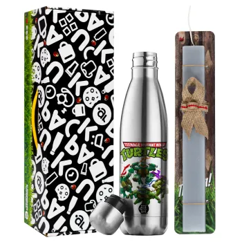 Ninja turtles, Easter Set, metallic stainless thermos flask (500ml) & scented flat Easter candle (30cm) (GRAY)