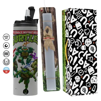 Ninja turtles, Πασχαλινή Λαμπάδα με Travel Tumbler θερμό (600ml, BPA free) & κερί αρωματικό πλακέ (30cm) (ΓΚΡΙ)