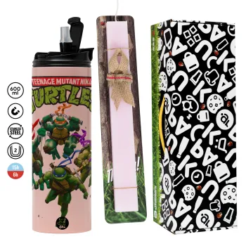 Ninja turtles, Πασχαλινή Λαμπάδα με  ΡΟΖ Travel Tumbler θερμό (600ml, BPA free) & κερί αρωματικό πλακέ (30cm) (ΡΟΖ)