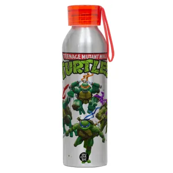 Ninja turtles, Αλουμινένιο Αθλητικό Μπουκάλι 650ml – Ασημί με Κόκκινο Καπάκι και Λουράκι Σιλικόνης