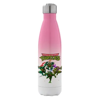 Ninja turtles, Μεταλλικό παγούρι θερμός Ροζ/Λευκό (Stainless steel), διπλού τοιχώματος, 500ml