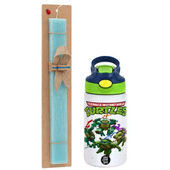 Ninja turtles, Easter Set, Children's thermal stainless steel bottle with safety straw, green/blue (350ml) & aromatic flat Easter candle (30cm) (TURQUOISE)