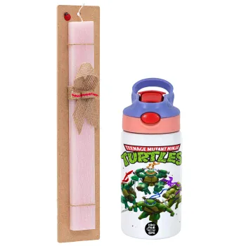 Ninja turtles, Easter Set, Children's thermal stainless steel water bottle with safety straw, pink/purple (350ml) & Easter scented flat candle (30cm) (PINK)