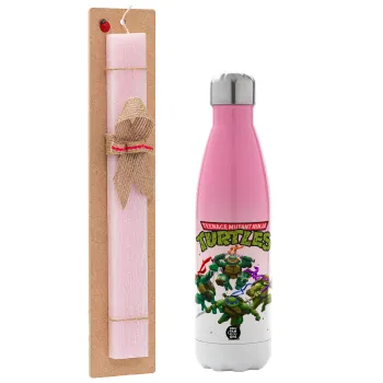 Ninja turtles, Easter Set, Metallic pink/white (Stainless steel) thermos, double-walled, 500ml & aromatic flat Easter candle (30cm) (PINK)