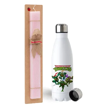 Ninja turtles, Easter Set, metallic stainless steel water bottle (750ml) & scented flat Easter candle (30cm) (PINK)