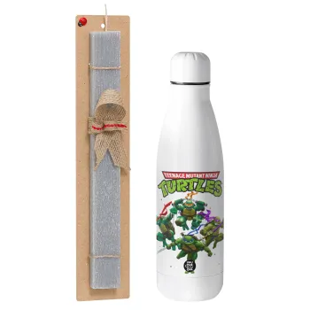 Ninja turtles, Πασχαλινή Λαμπάδα με μεταλλικό παγούρι θερμός ανοξείδωτο (500ml) & κερί αρωματικό πλακέ (30cm) (ΓΚΡΙ)