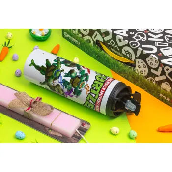 Ninja turtles, Πασχαλινή Λαμπάδα με Travel Tumbler θερμό με διπλό καπάκι (600ml, BPA free) & κερί αρωματικό πλακέ (30cm) (ΡΟΖ)
