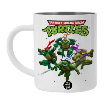 Ninja turtles, Λευκή Ανοξείδωτη Μεταλλική Κούπα 450ml - Διπλού Τοιχώματος 