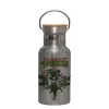 Stainless steel metallic thermos flask, silver with a bamboo lid, double-walled, 350ml.