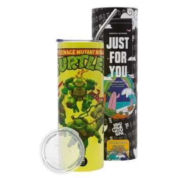 Ninja turtles, Neon Yellow Travel Tumbler θερμό, μεταλλικό καλαμάκι(Ανωξείδωτο 304 Food grade, BPA free, 600ml)