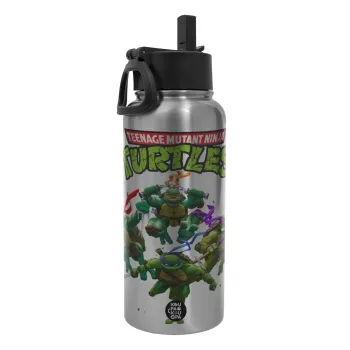 Ninja turtles, Μεταλλικό παγούρι θερμός Silver με καλαμάκι και χερούλι (Stainless steel), διπλού τοιχώματος, 950ml