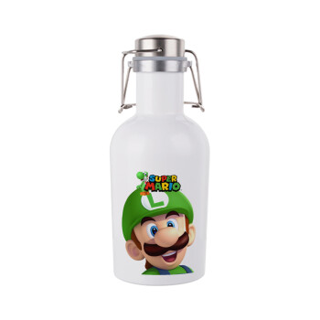 Super mario Luigi, Μεταλλικό παγούρι Λευκό (Stainless steel) με καπάκι ασφαλείας 1L