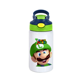 Super mario Luigi, Children's hot water bottle, stainless steel, with safety straw, green, blue (350ml)