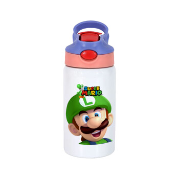 Super mario Luigi, Children's hot water bottle, stainless steel, with safety straw, pink/purple (350ml)