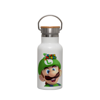 Super mario Luigi, Μεταλλικό παγούρι θερμός (Stainless steel) Λευκό με ξύλινο καπακι (bamboo), διπλού τοιχώματος, 350ml