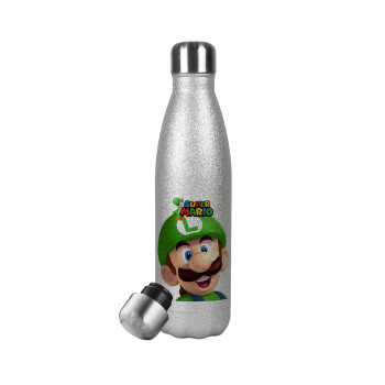 Super mario Luigi, Μεταλλικό παγούρι θερμός Glitter Aσημένιο (Stainless steel), διπλού τοιχώματος, 500ml