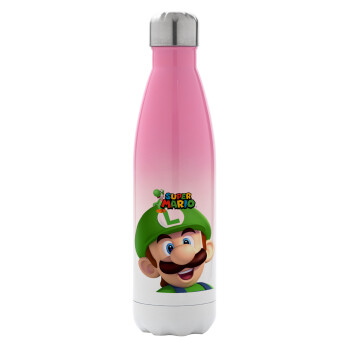 Super mario Luigi, Μεταλλικό παγούρι θερμός Ροζ/Λευκό (Stainless steel), διπλού τοιχώματος, 500ml