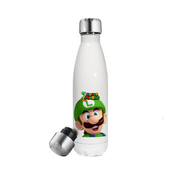 Super mario Luigi, Μεταλλικό παγούρι θερμός Λευκό (Stainless steel), διπλού τοιχώματος, 500ml