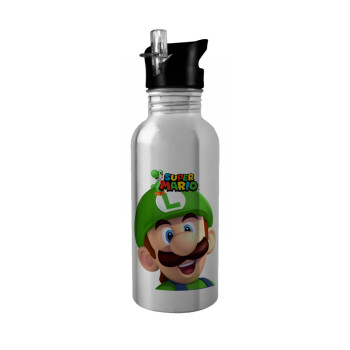 Super mario Luigi, Παγούρι νερού Ασημένιο με καλαμάκι, ανοξείδωτο ατσάλι 600ml