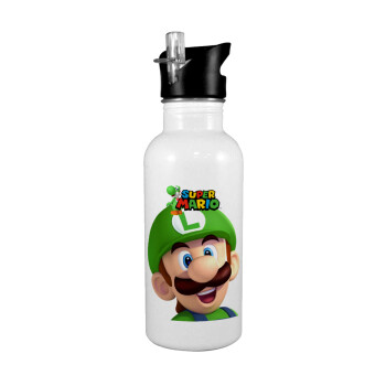 Super mario Luigi, White water bottle with straw, stainless steel 600ml