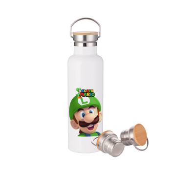 Super mario Luigi, Μεταλλικό παγούρι θερμός (Stainless steel) Λευκό με ξύλινο καπάκι (bamboo), διπλού τοιχώματος, 750ml