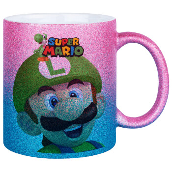 Super mario Luigi, Κούπα Χρυσή/Μπλε Glitter, κεραμική, 330ml