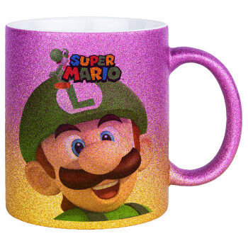 Super mario Luigi, Κούπα Χρυσή/Ροζ Glitter, κεραμική, 330ml