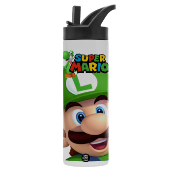 Super mario Luigi, Metallic thermos bottle with straw & handle, stainless steel (Stainless steel 304), double-walled, 600ml.