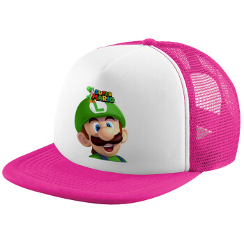 Super mario Luigi, Καπέλο Ενηλίκων Soft Trucker με Δίχτυ Pink/White (POLYESTER, ΕΝΗΛΙΚΩΝ, UNISEX, ONE SIZE)