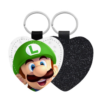 Super mario Luigi, Μπρελόκ PU δερμάτινο glitter καρδιά ΜΑΥΡΟ