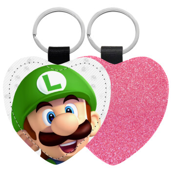 Super mario Luigi, Μπρελόκ PU δερμάτινο glitter καρδιά ΡΟΖ