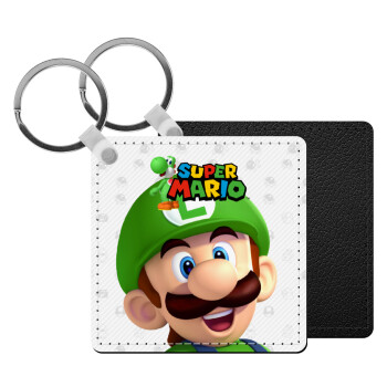 Super mario Luigi, Μπρελόκ Δερματίνη, τετράγωνο ΜΑΥΡΟ (5x5cm)
