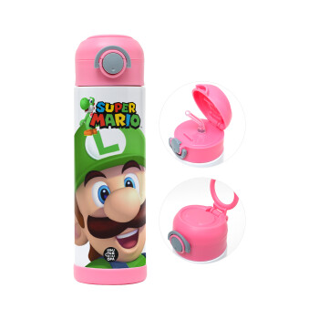 Super mario Luigi, Children's hot water bottle, stainless steel, with safety straw, PINK (500ml)