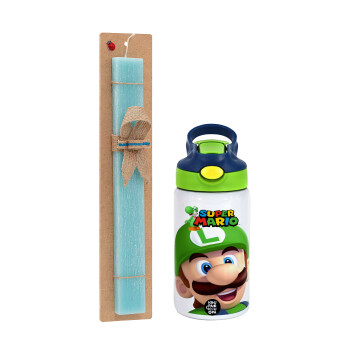 Super mario Luigi, Easter Set, Children's thermal stainless steel bottle with safety straw, green/blue (350ml) & aromatic flat Easter candle (30cm) (TURQUOISE)