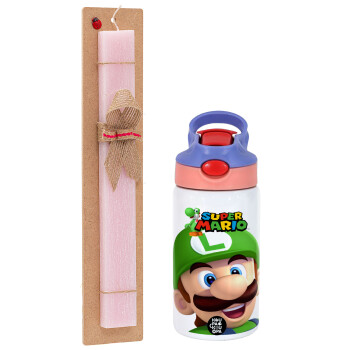 Super mario Luigi, Πασχαλινό Σετ, Παιδικό παγούρι θερμό, ανοξείδωτο, με καλαμάκι ασφαλείας, ροζ/μωβ (350ml) & πασχαλινή λαμπάδα αρωματική πλακέ (30cm) (ΡΟΖ)