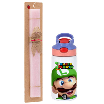 Super mario Luigi, Easter Set, Children's thermal stainless steel water bottle with safety straw, pink/purple (350ml) & Easter scented flat candle (30cm) (PINK)