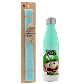 Super mario Luigi, Easter Set, Metallic green/white thermos (Stainless steel), double-walled, 500ml & scented flat Easter candle (30cm) (TURQUOISE)