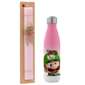 Super mario Luigi, Easter Set, Metallic pink/white (Stainless steel) thermos, double-walled, 500ml & aromatic flat Easter candle (30cm) (PINK)