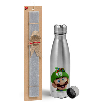 Super mario Luigi, Easter Set, metallic Inox water bottle (750ml) & aromatic flat Easter candle (30cm) (GRAY)