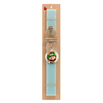 Super mario Luigi, Πασχαλινό Σετ, ξύλινο μπρελόκ & πασχαλινή λαμπάδα αρωματική πλακέ (30cm) (ΤΙΡΚΟΥΑΖ)