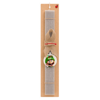 Super mario Luigi, Πασχαλινό Σετ, ξύλινο μπρελόκ & πασχαλινή λαμπάδα αρωματική πλακέ (30cm) (ΓΚΡΙ)