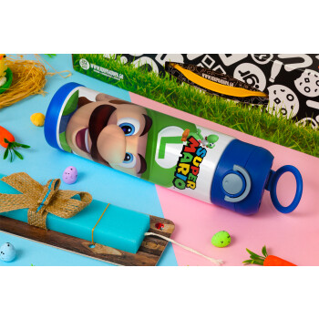 Super mario Luigi, Easter candle, Childrens hot water bottle, stainless steel, with safety straw, BLUE (500ml)