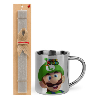 Super mario Luigi, Easter Set, metallic thermal cup (300ml) & Easter aromatic flat candle (30cm) (GRAY)