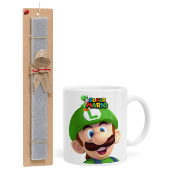 Super mario Luigi, Πασχαλινό Σετ, Κούπα κεραμική (330ml) & πασχαλινή λαμπάδα αρωματική πλακέ (30cm) (ΓΚΡΙ)