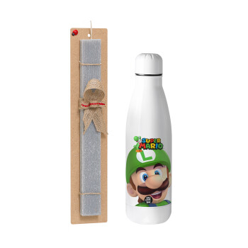 Super mario Luigi, Easter Set, metallic stainless thermos bottle (500ml) & scented flat Easter candle (30cm) (GRAY)