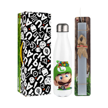 Super mario Luigi, Easter candle, metallic white thermos bottle (500ml) & aromatic flat candle (30cm) (GRAY)