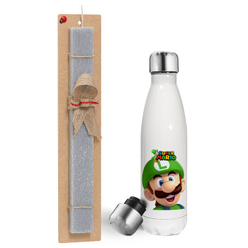 Super mario Luigi, Πασχαλινή λαμπάδα, μεταλλικό παγούρι θερμός λευκός (500ml) & λαμπάδα αρωματική πλακέ (30cm) (ΓΚΡΙ)