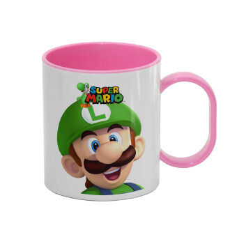 Super mario Luigi, Κούπα (πλαστική) (BPA-FREE) Polymer Ροζ για παιδιά, 330ml